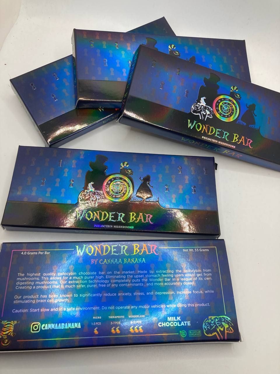 Canna Banana Wonder Bar for sale. This top-tier psilocybin chocolate bar blends rich chocolate flavor with a precisely dosed 4g of psilocybin mushrooms to deliver a smooth and pure high without the stomach discomfort often caused by traditional mushrooms.