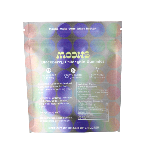 Back view of the detailed nutritional informational panel and custom layout on a MOONS brand packaging pouch