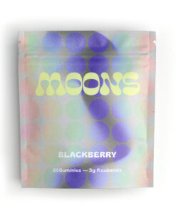 Front view of MOONS brand Blackberry flavor three thousand milligram specialty fruit chew packaging