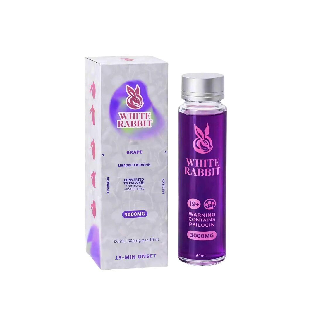 White Rabbit brand Grape flavor three thousand milligram specialty liquid elixir bottle and carton