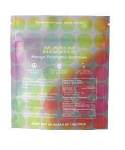 Back view of the detailed nutritional informational panel and custom layout on a MOONS brand packaging pouch