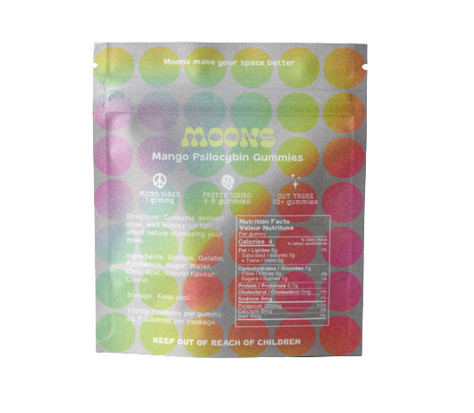 Back view of the detailed nutritional informational panel and custom layout on a MOONS brand packaging pouch
