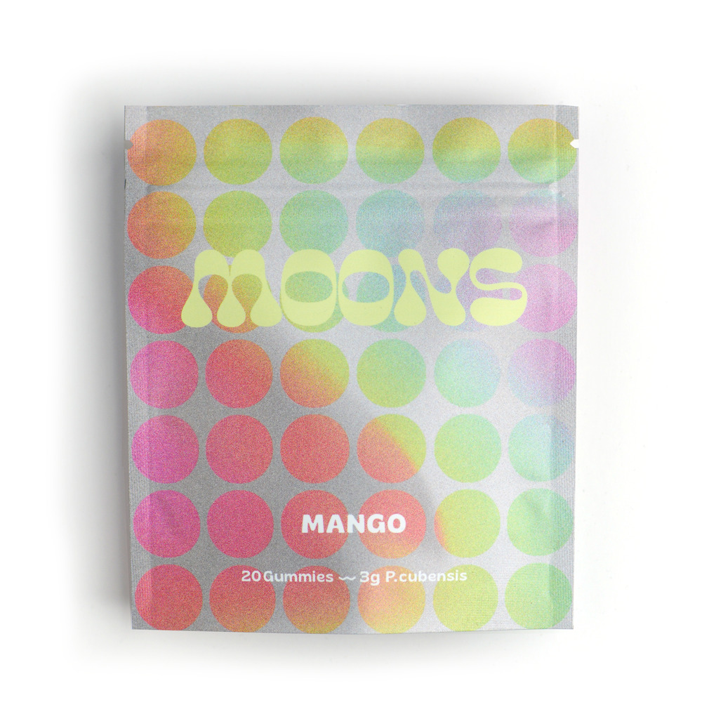 Front view of MOONS brand Mango flavor three thousand milligram specialty fruit chew packaging