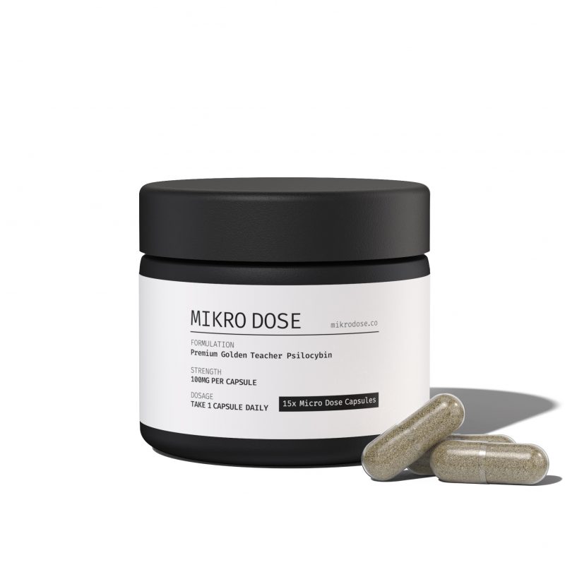 Front view of Mikro Dose brand premium wellness supplement container with custom graphic label