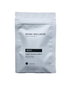 Spore Wellness brand Reset model wellness supplement container with custom graphic label