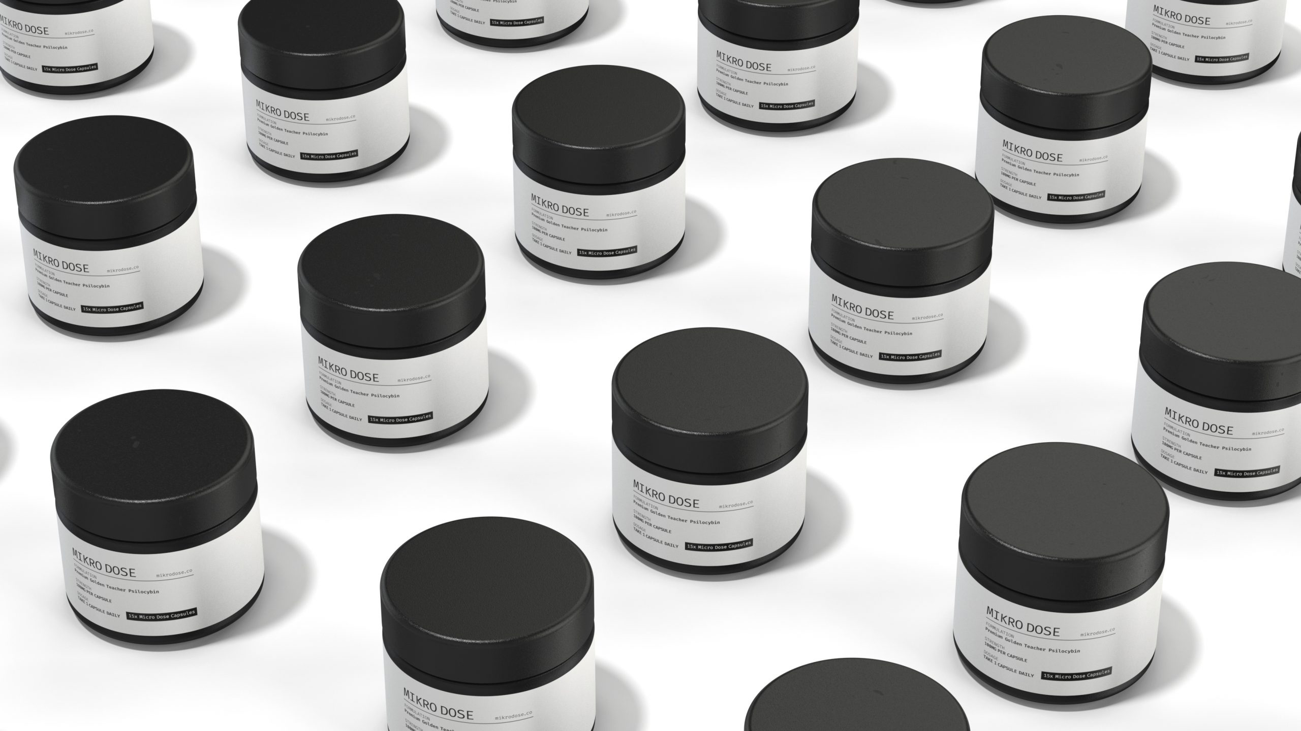 several bottles of Mikro Dose brand premium wellness supplement container with custom graphic label