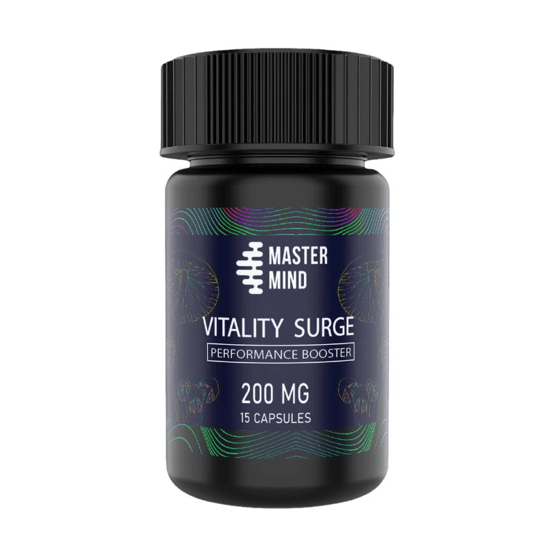Front view of Mastermind brand Vitality Surge Capsules three thousand milligram specialty supplement bottle