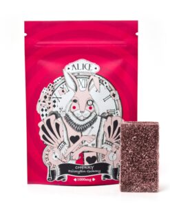 Front view of Alice brand Cherry flavor one thousand milligram specialty fruit chew packaging
