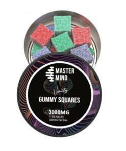 Front view of Mastermind brand Variety pack three thousand milligram assorted specialty fruit chew packagingBack View